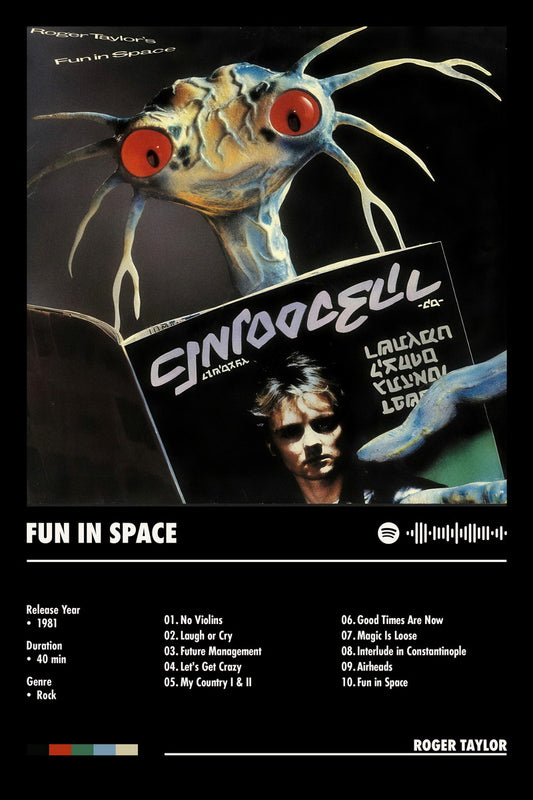 Roger Taylor Fun in Space Black Album Cover Music Poster Rock Wall Art Home Decor for Living Room Vintage Rock Band Aesthetic Classic Rock Music Print Retro Legendary Band