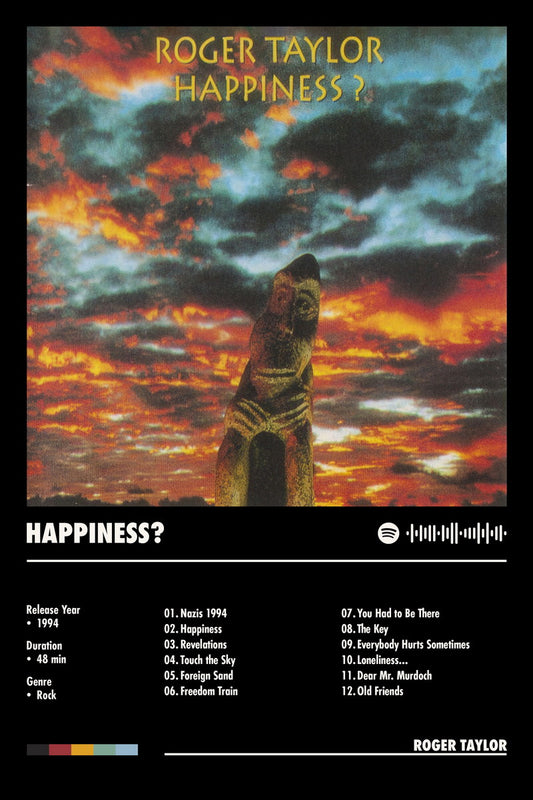 Roger Taylor Happiness Black Album Cover Music Poster Rock Wall Art Home Decor for Living Room Vintage Rock Band Aesthetic Classic Rock Music Print Retro Legendary Band