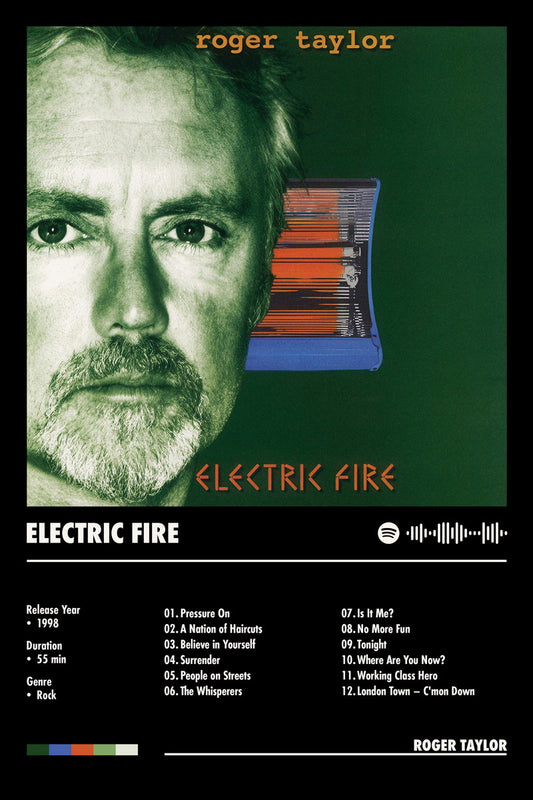 Roger Taylor Electric Fire Black Album Cover Music Poster Rock Wall Art Home Decor for Living Room Vintage Rock Band Aesthetic Classic Rock Music Print Retro Legendary Band