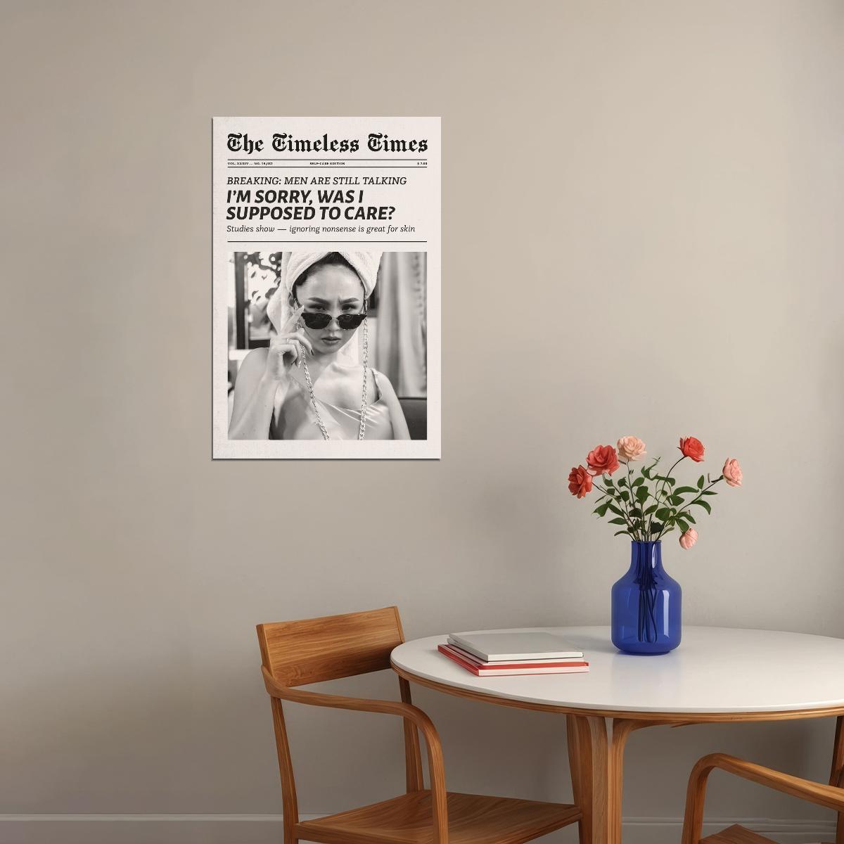 I Don't Care Poster Black And White Newspaper Print Main Character Feminist Quote Wall Art Bedroom Dorm Decor Girlboss Aesthetic - xonomax