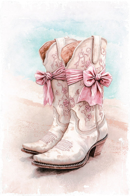 Coastal Cowgirl Boots Poster Trendy Western Print Boho Beach Aesthetic Wall Art Pink Bow Decor Coastal Granddaughter Aesthetic - xonomax