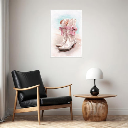 Coastal Cowgirl Boots Poster Trendy Western Print Boho Beach Aesthetic Wall Art Pink Bow Decor Coastal Granddaughter Aesthetic - xonomax