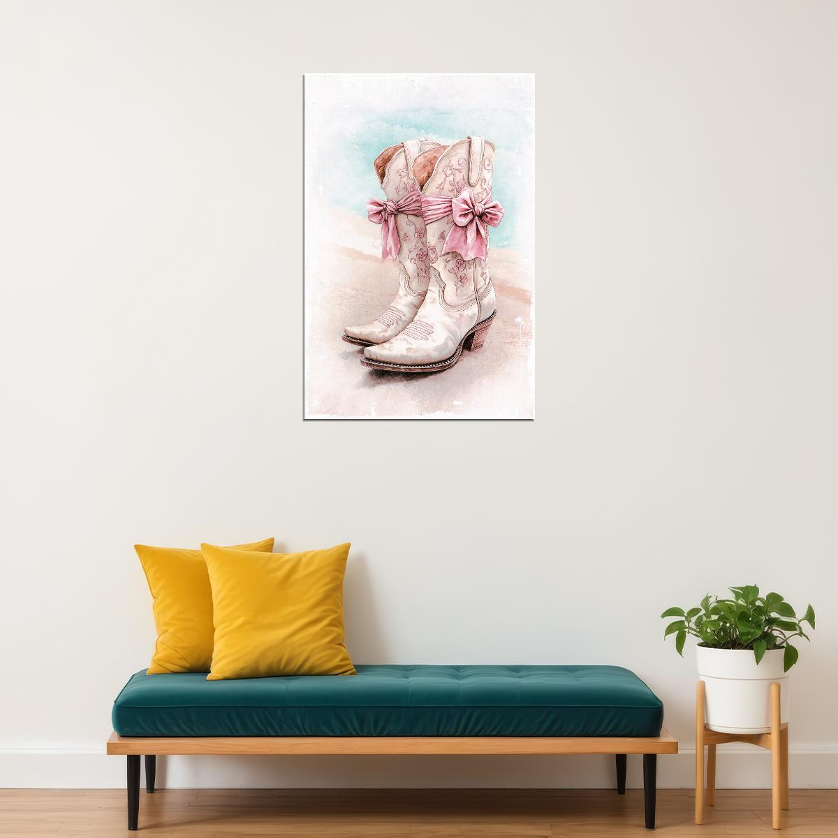Coastal Cowgirl Boots Poster Trendy Western Print Boho Beach Aesthetic Wall Art Pink Bow Decor Coastal Granddaughter Aesthetic - xonomax