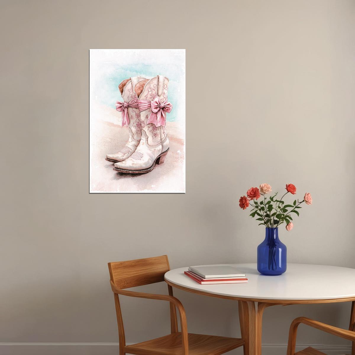 Coastal Cowgirl Boots Poster Trendy Western Print Boho Beach Aesthetic Wall Art Pink Bow Decor Coastal Granddaughter Aesthetic - xonomax