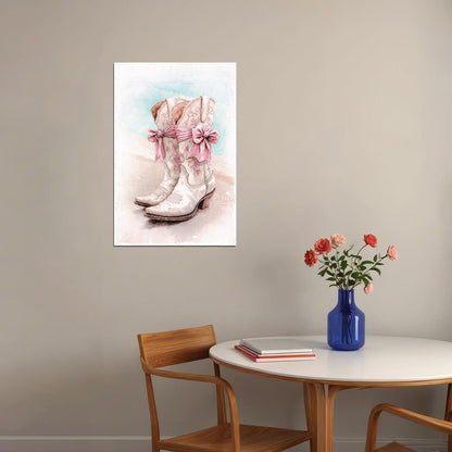 Coastal Cowgirl Boots Poster Trendy Western Print Boho Beach Aesthetic Wall Art Pink Bow Decor Coastal Granddaughter Aesthetic - xonomax