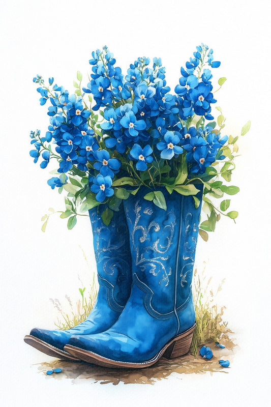 Trendy Floral Blue Cowgirl Boots Poster Watercolor Farmhouse Wall Art Western Print Preppy Blue Flowers Wall Decor