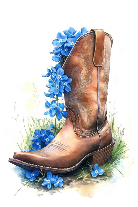 Trendy Floral Cowgirl Boots Poster Watercolor Farmhouse Wall Art Western Boho Blue Flowers Wall Decor