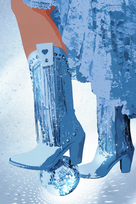Funky Disco Cowgirl Poster Sparkly Blue Western Boots Print Disco Ball Trendy Party Wall Art - xonomax