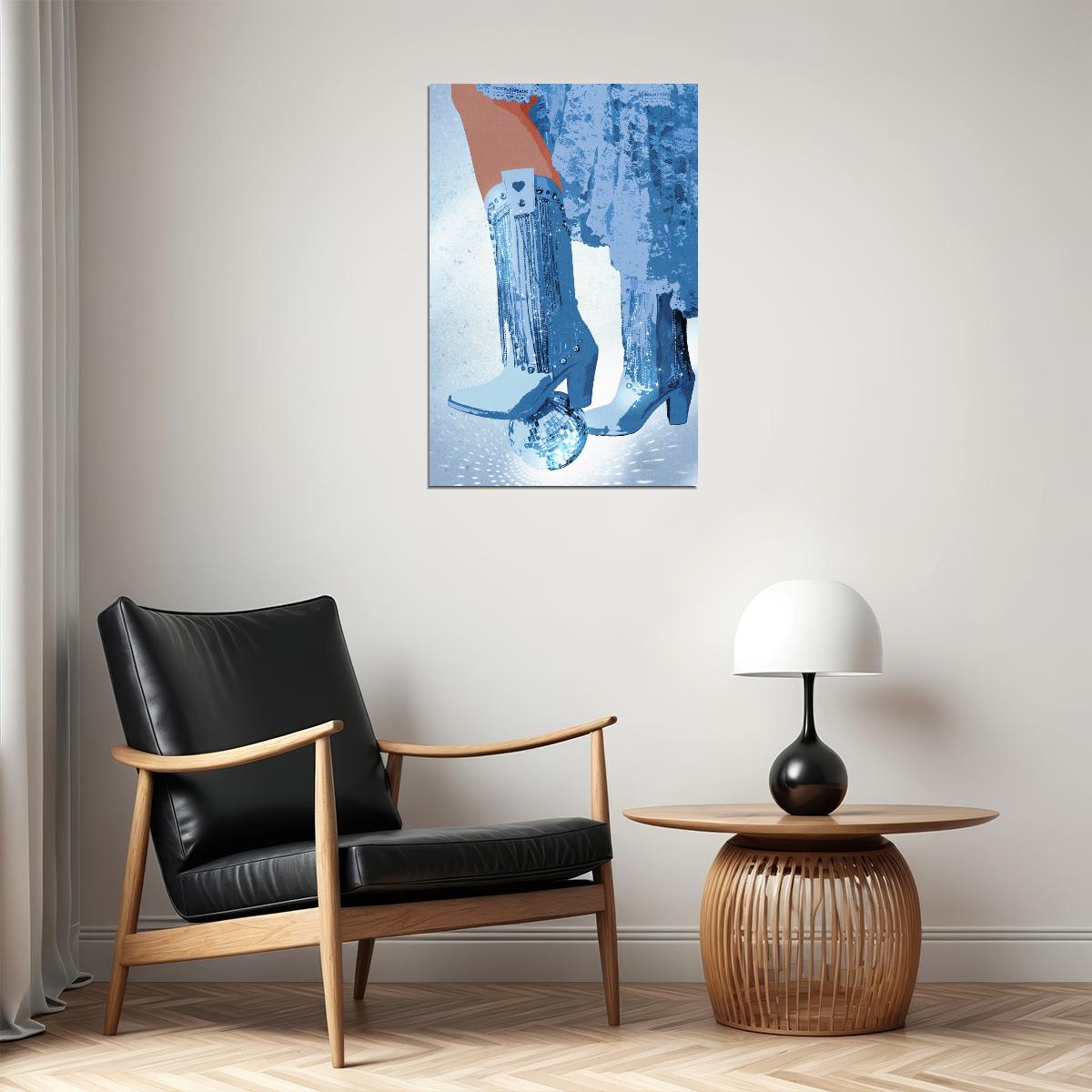 Funky Disco Cowgirl Poster Sparkly Blue Western Boots Print Disco Ball Trendy Party Wall Art - xonomax