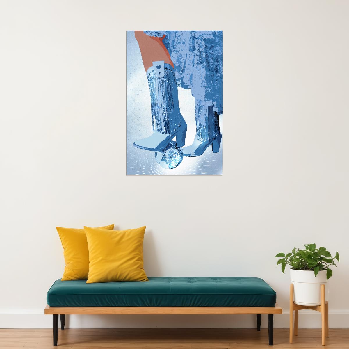 Funky Disco Cowgirl Poster Sparkly Blue Western Boots Print Disco Ball Trendy Party Wall Art - xonomax