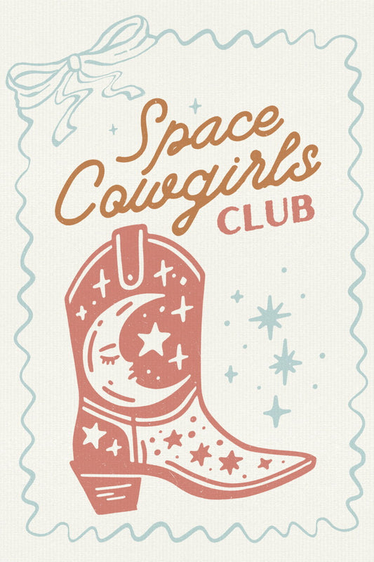 Space Cowgirls Club Poster Starry Cowboy Boot Print Vintage Cute Cowgirl Artwork - xonomax