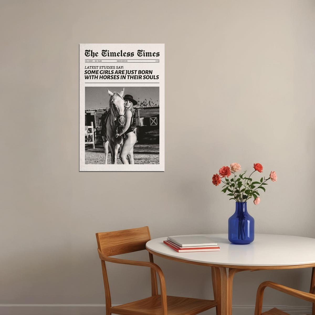 Cowgirl Horse Theme Poster Black And White Trendy Newspaper Print Modern Cowgirl Wall Art Dorm Bedroom Decor Horse Riding Aesthetic - xonomax