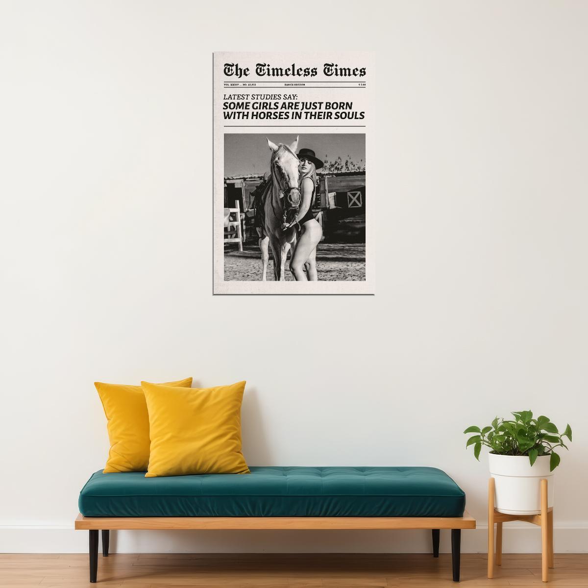 Cowgirl Horse Theme Poster Black And White Trendy Newspaper Print Modern Cowgirl Wall Art Dorm Bedroom Decor Horse Riding Aesthetic - xonomax