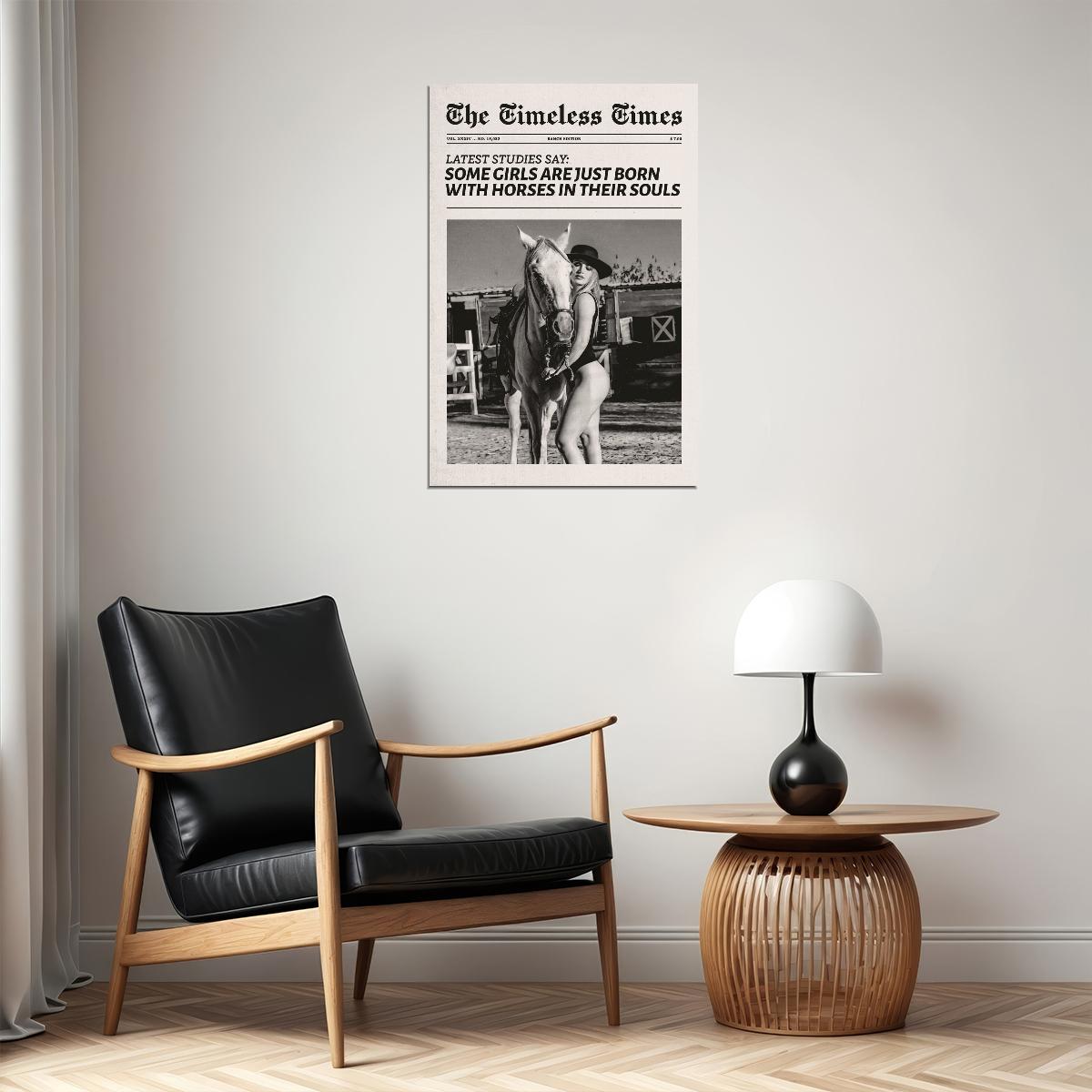 Cowgirl Horse Theme Poster Black And White Trendy Newspaper Print Modern Cowgirl Wall Art Dorm Bedroom Decor Horse Riding Aesthetic - xonomax