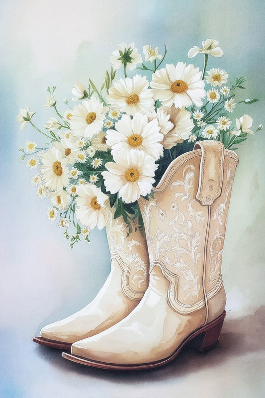 Floral Cowgirl Boots Painting Poster Vintage Watercolor Farmhouse Wall Art Western Print Preppy White Flowers Boho Wall Decor - xonomax
