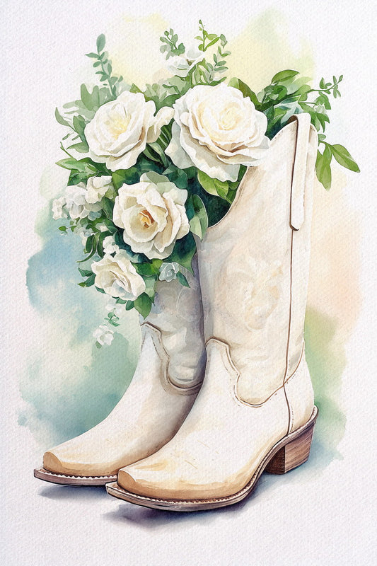 Trendy Floral Cowgirl Boots Poster Vintage Watercolor Roses Wall Art Western Print Preppy White Flowers Boho Wall Decor
