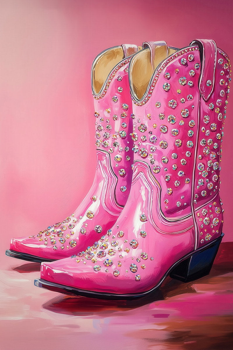 Sparkly Cowboy Boots Poster Hot Pink Glitter Western Boots Print Glam Rodeo Y2K Wall Art Southern Cowgirl Aesthetic - xonomax