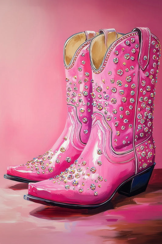 Sparkly Cowboy Boots Poster Hot Pink Glitter Western Boots Print Glam Rodeo Y2K Wall Art Southern Cowgirl Aesthetic - xonomax
