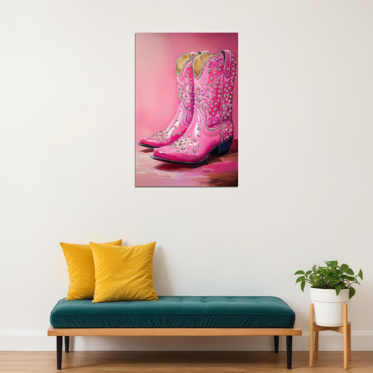 Sparkly Cowboy Boots Poster Hot Pink Glitter Western Boots Print Glam Rodeo Y2K Wall Art Southern Cowgirl Aesthetic - xonomax