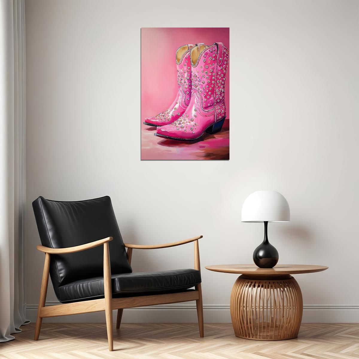 Sparkly Cowboy Boots Poster Hot Pink Glitter Western Boots Print Glam Rodeo Y2K Wall Art Southern Cowgirl Aesthetic - xonomax