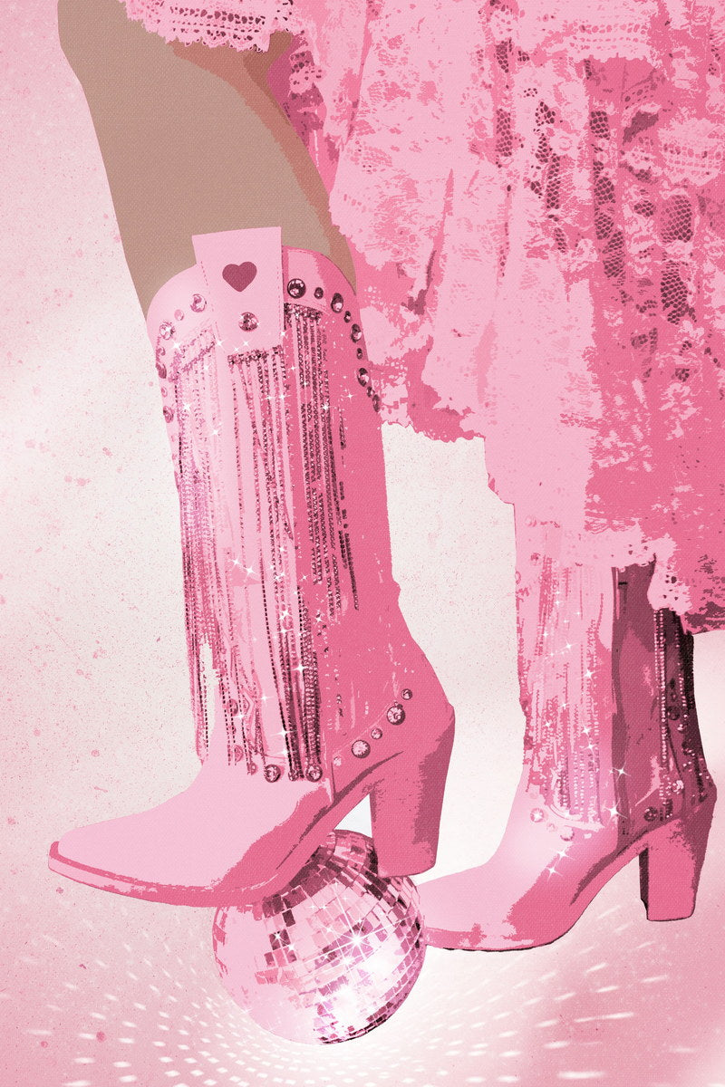 Funky Disco Cowgirl Poster Pink Fringe Western Boots Print Glitter Disco Ball Party Wall Art Y2K Aesthetic Girls Room Bedroom Dorm Decor - xonomax