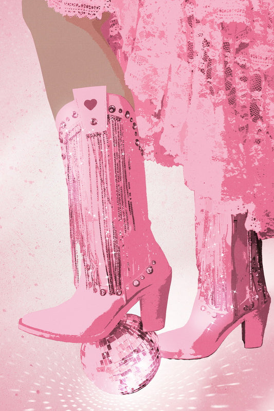 Funky Disco Cowgirl Poster Pink Fringe Western Boots Print Glitter Disco Ball Party Wall Art Y2K Aesthetic Girls Room Bedroom Dorm Decor - xonomax