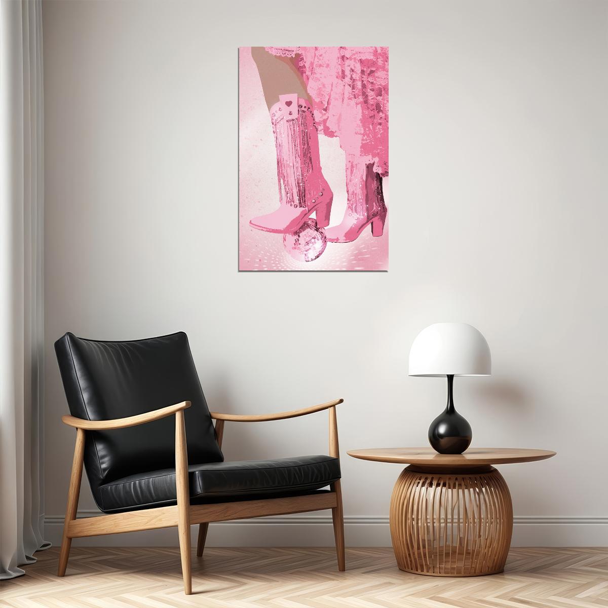 Funky Disco Cowgirl Poster Pink Fringe Western Boots Print Glitter Disco Ball Party Wall Art Y2K Aesthetic Girls Room Bedroom Dorm Decor - xonomax