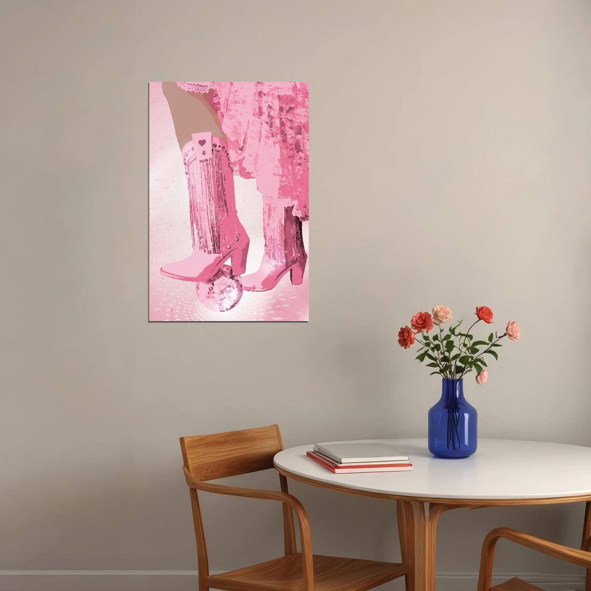 Funky Disco Cowgirl Poster Pink Fringe Western Boots Print Glitter Disco Ball Party Wall Art Y2K Aesthetic Girls Room Bedroom Dorm Decor - xonomax