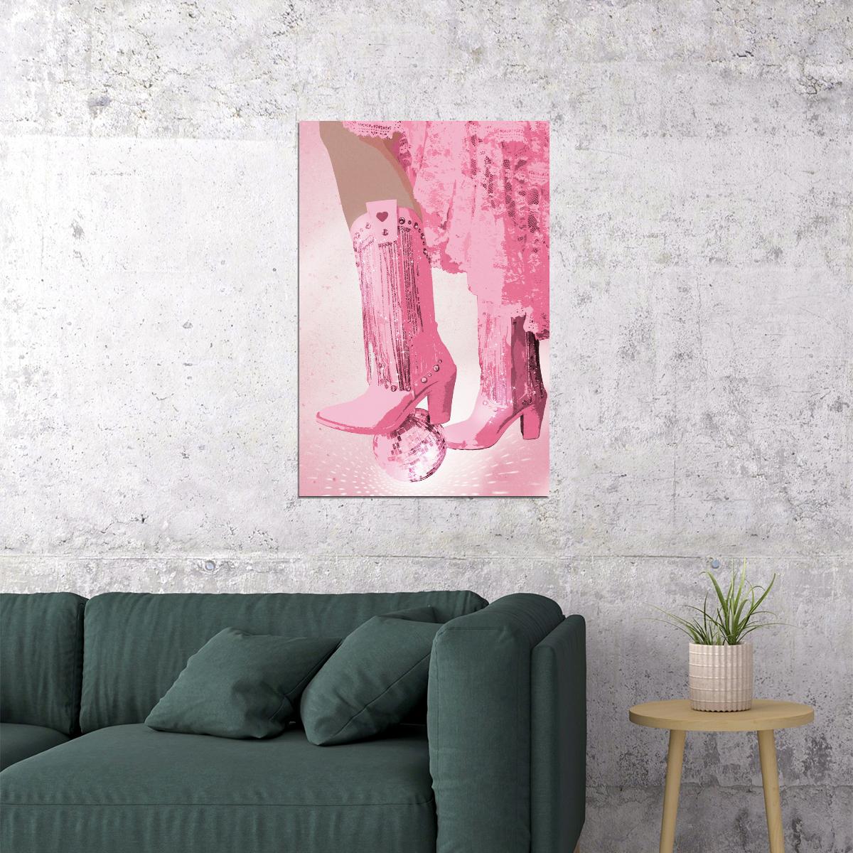 Funky Disco Cowgirl Poster Pink Fringe Western Boots Print Glitter Disco Ball Party Wall Art Y2K Aesthetic Girls Room Bedroom Dorm Decor - xonomax