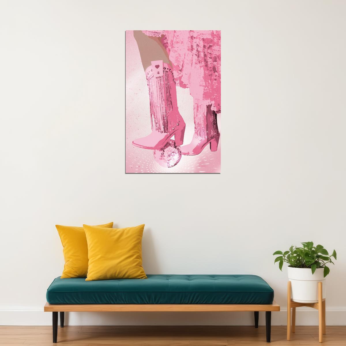 Funky Disco Cowgirl Poster Pink Fringe Western Boots Print Glitter Disco Ball Party Wall Art Y2K Aesthetic Girls Room Bedroom Dorm Decor - xonomax