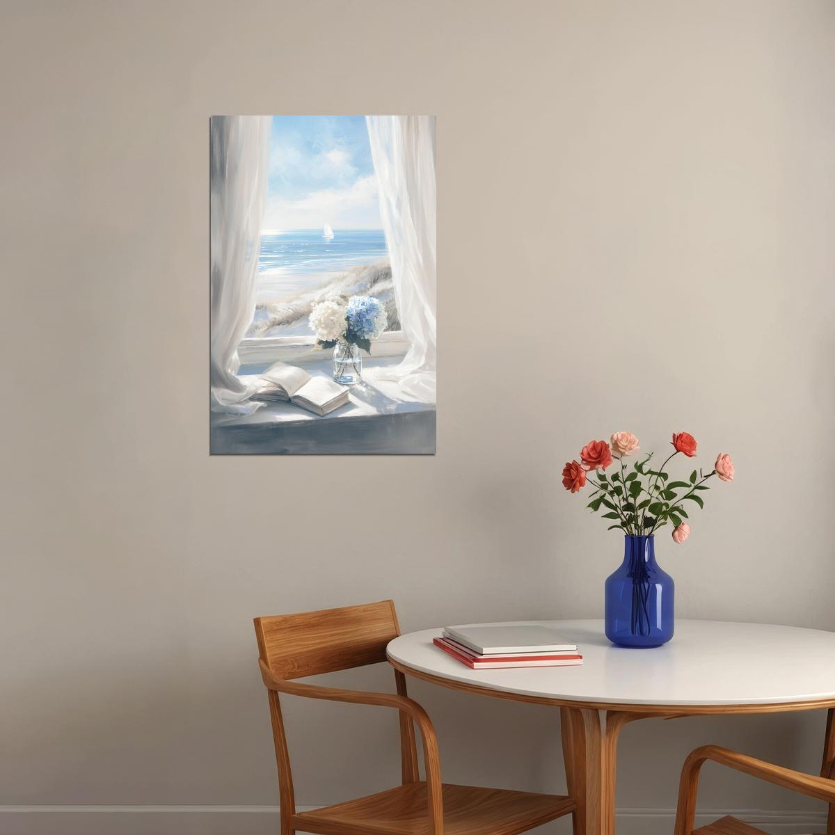 Coastal Granddaughter Painting Bookish Wall Art Nautical Ocean View Floral Still Life for Reading Nook Library or Beach Bedroom Aesthetic - xonomax