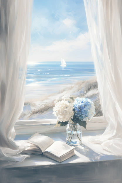 Coastal Granddaughter Painting Bookish Wall Art Nautical Ocean View Floral Still Life for Reading Nook Library or Beach Bedroom Aesthetic - xonomax