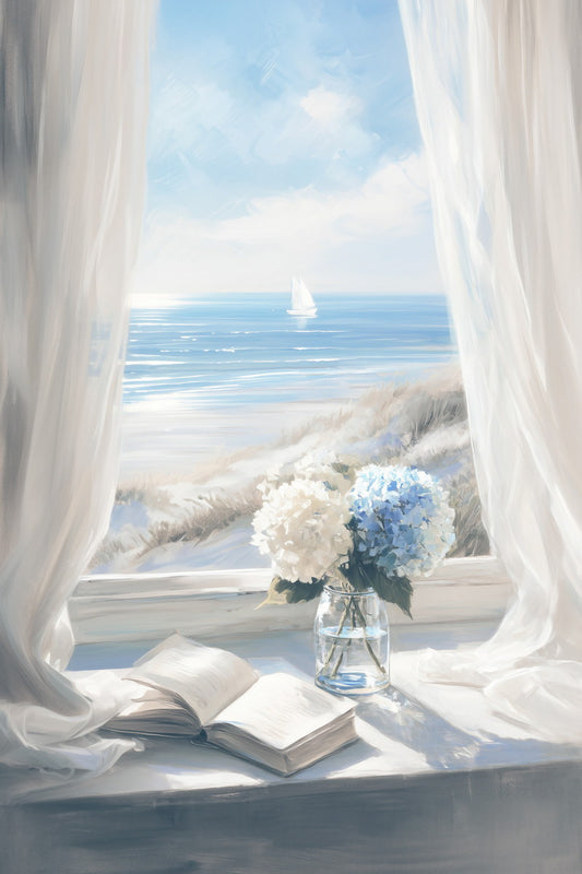 Coastal Granddaughter Painting Bookish Wall Art Nautical Ocean View Floral Still Life for Reading Nook Library or Beach Bedroom Aesthetic - xonomax