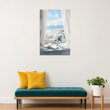 Coastal Granddaughter Painting Bookish Wall Art Nautical Ocean View Floral Still Life for Reading Nook Library or Beach Bedroom Aesthetic - xonomax