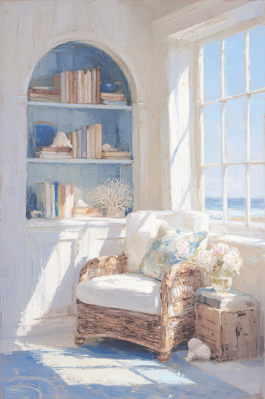 Coastal Granddaughter Painting Bookish Wall Art Nautical Coastal Cottage Reading Nook for Library Living Room or Beach Bedroom - xonomax