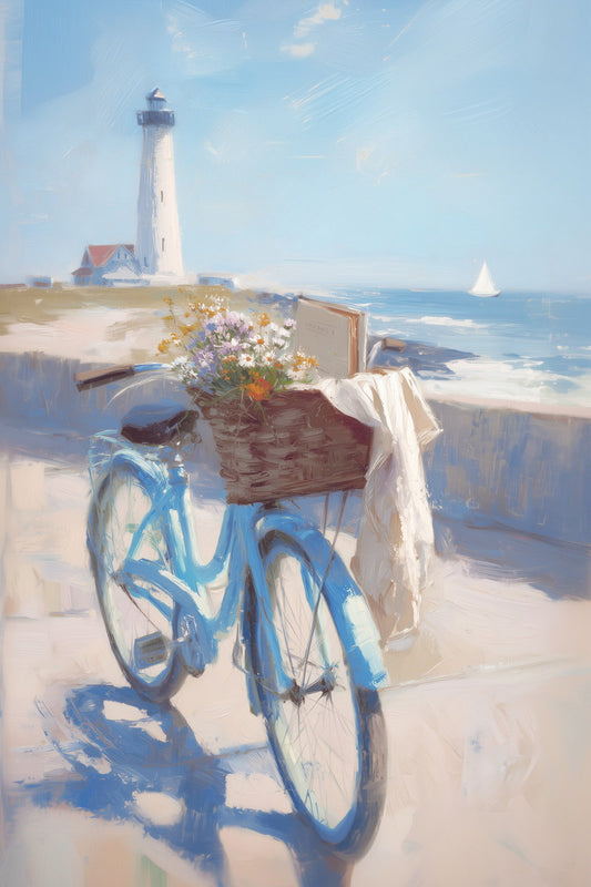 Coastal Granddaughter Painting Bookish Wall Art Lighthouse with Floral Bicycle for Beachy Room or Nautical Cottage Aesthetic Bedroom - xonomax