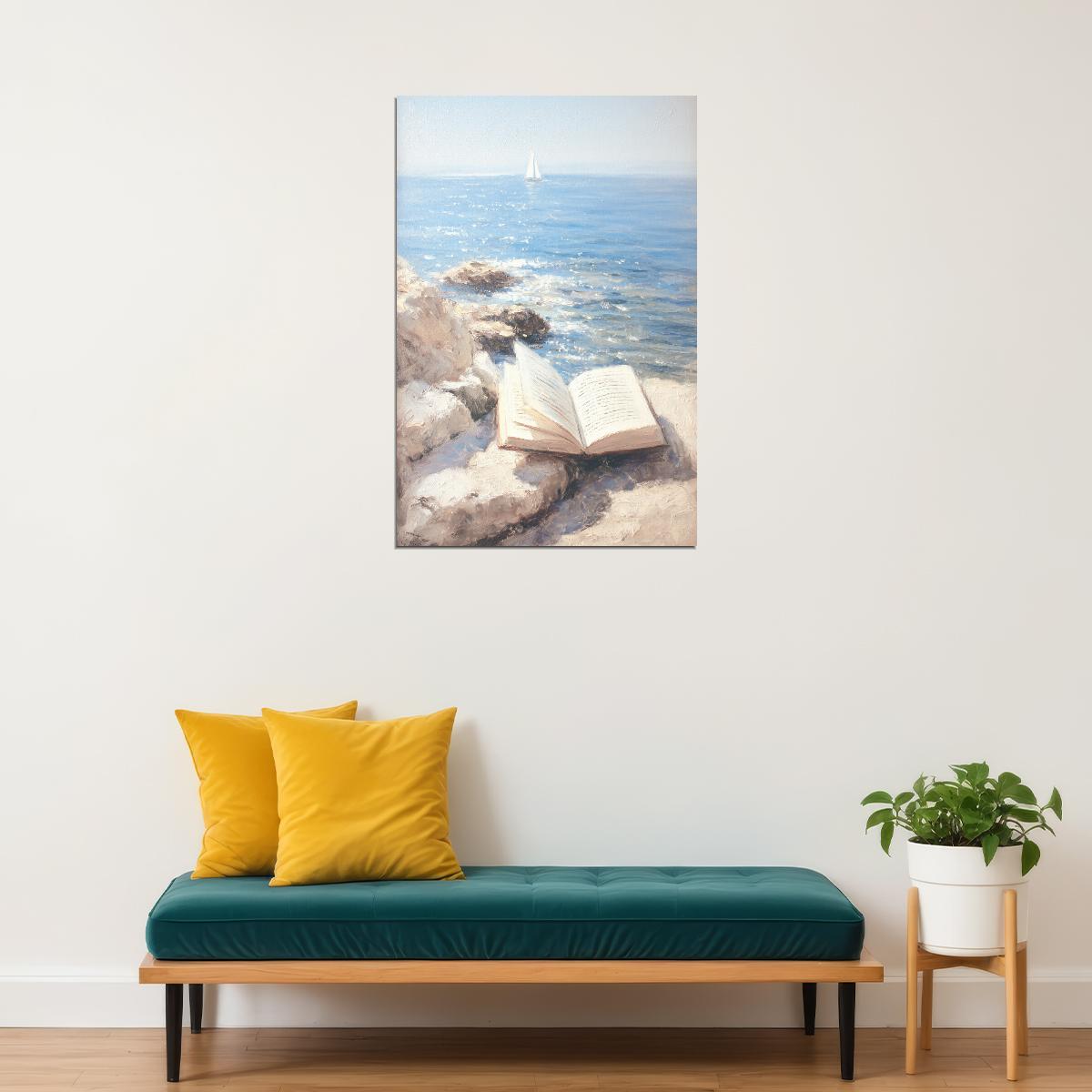 Coastal Granddaughter Painting Bookish Wall Art Reading by the Ocean Rocks Nautical Decor for Library or Beachy Cottage Bedroom Aesthetic - xonomax