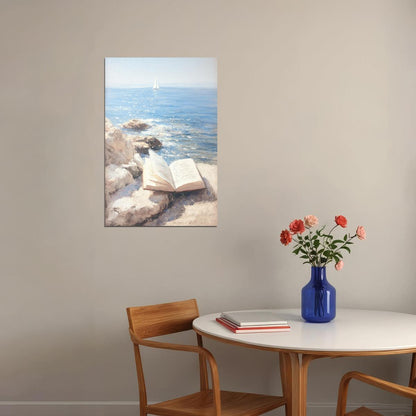 Coastal Granddaughter Painting Bookish Wall Art Reading by the Ocean Rocks Nautical Decor for Library or Beachy Cottage Bedroom Aesthetic - xonomax