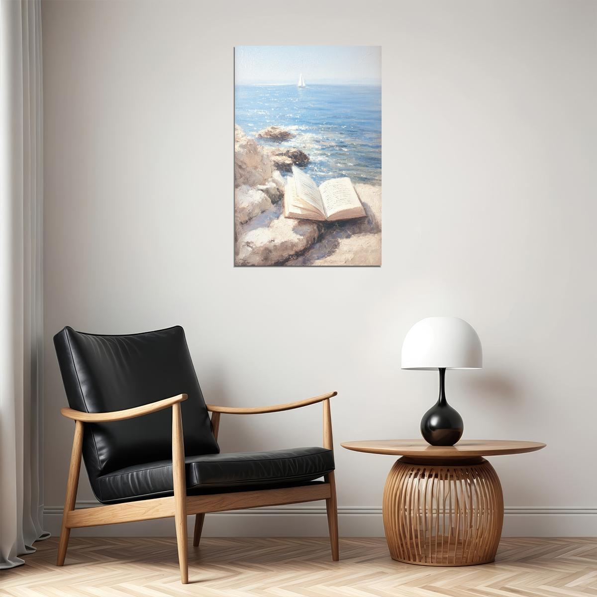 Coastal Granddaughter Painting Bookish Wall Art Reading by the Ocean Rocks Nautical Decor for Library or Beachy Cottage Bedroom Aesthetic - xonomax