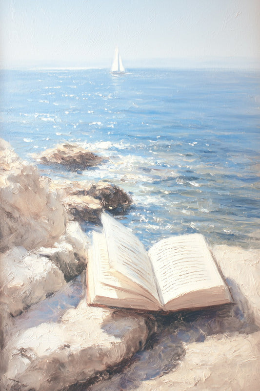Coastal Granddaughter Painting Bookish Wall Art Reading by the Ocean Rocks Nautical Decor for Library or Beachy Cottage Bedroom Aesthetic - xonomax
