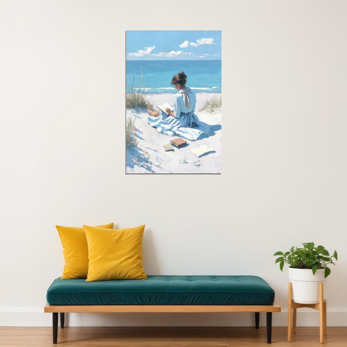 Coastal Granddaughter Painting Bookish Wall Art Woman Reading by the Dunes  Vintage Coastal Wall Art for Library or Beachy Cottage - xonomax