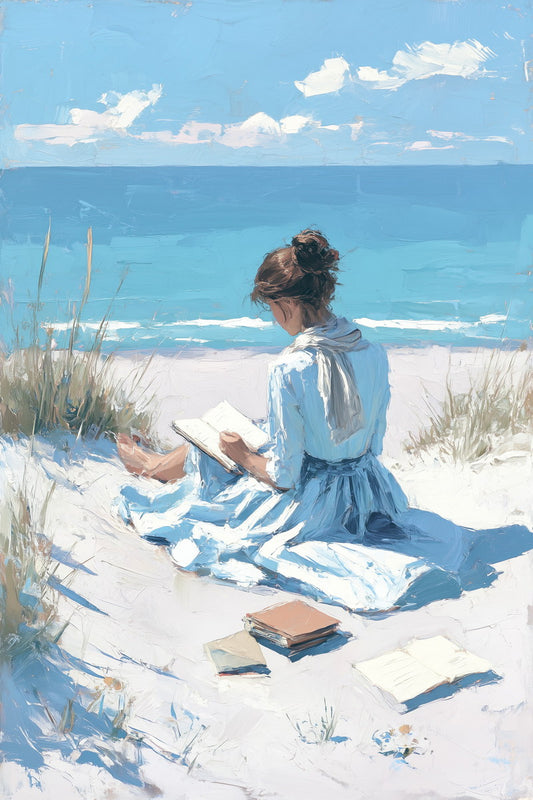 Coastal Granddaughter Painting Bookish Wall Art Woman Reading by the Dunes  Vintage Coastal Wall Art for Library or Beachy Cottage - xonomax