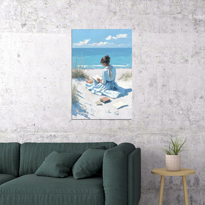 Coastal Granddaughter Painting Bookish Wall Art Woman Reading by the Dunes  Vintage Coastal Wall Art for Library or Beachy Cottage - xonomax