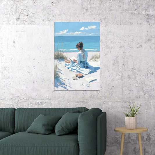Coastal Granddaughter Painting Bookish Wall Art Woman Reading by the Dunes  Vintage Coastal Wall Art for Library or Beachy Cottage - xonomax