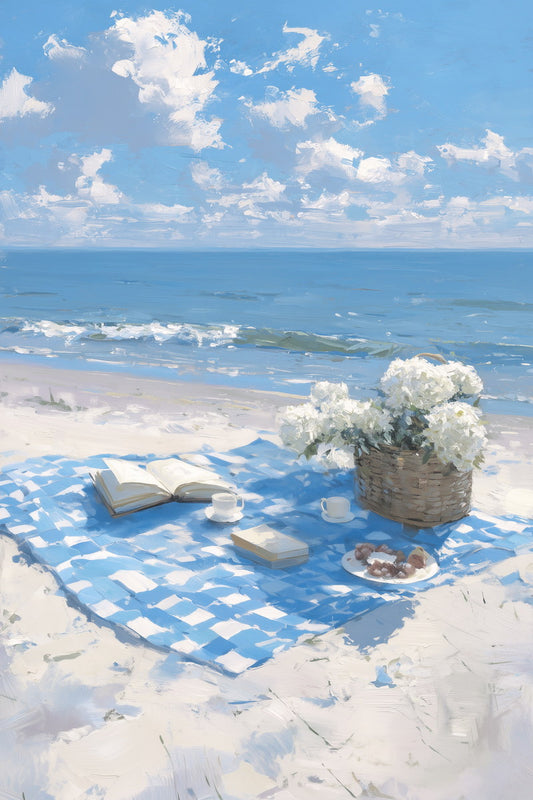 Coastal Granddaughter Painting Bookish Wall Art Romantic Beach Picnic Art for Cottage Bedroom or Nautical Reading Nook Decor - xonomax