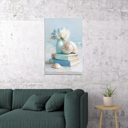Coastal Granddaughter Painting Bookish Wall Art Still Life with Shells and Books for Beachy Cottage Bedroom or Reading Nook - xonomax