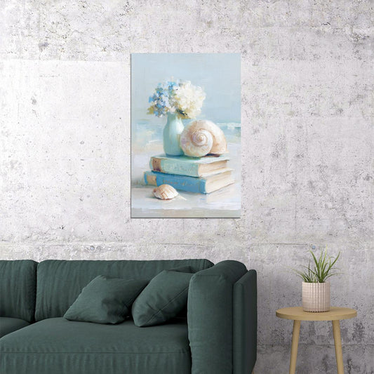 Coastal Granddaughter Painting Bookish Wall Art Still Life with Shells and Books for Beachy Cottage Bedroom or Reading Nook - xonomax