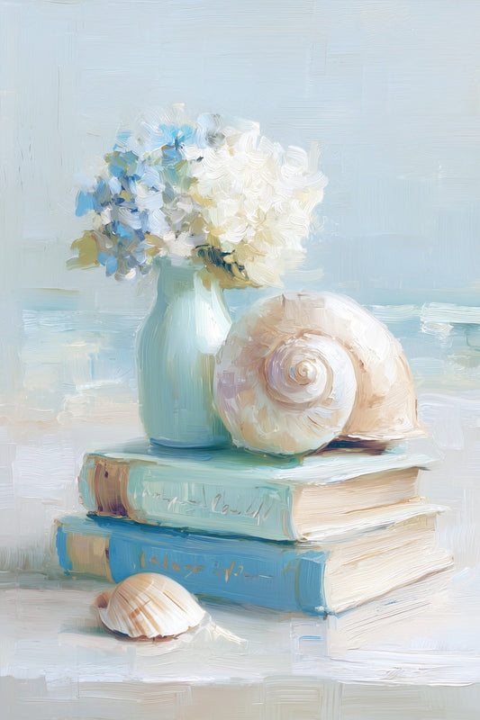 Coastal Granddaughter Painting Bookish Wall Art Still Life with Shells and Books for Beachy Cottage Bedroom or Reading Nook - xonomax