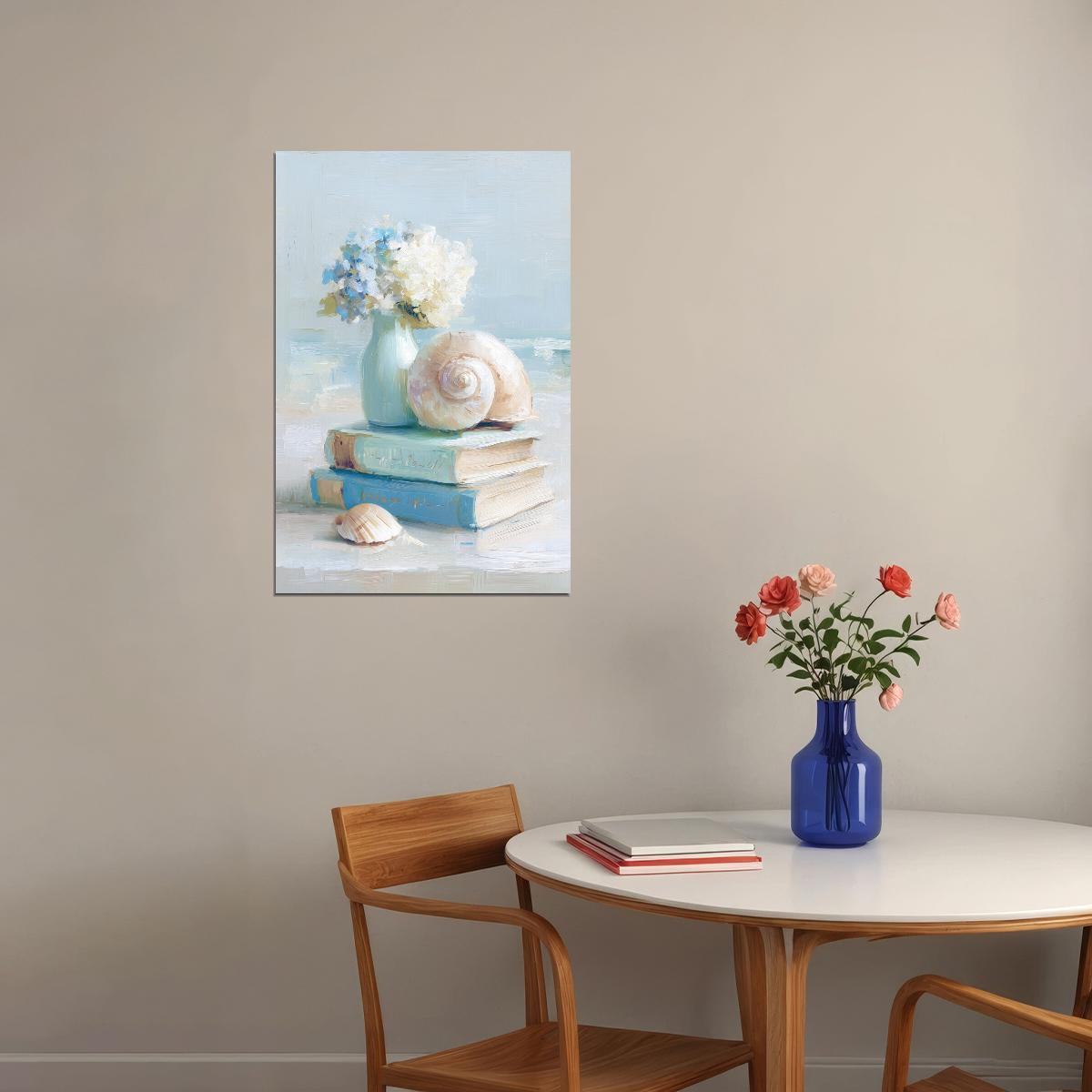Coastal Granddaughter Painting Bookish Wall Art Still Life with Shells and Books for Beachy Cottage Bedroom or Reading Nook - xonomax