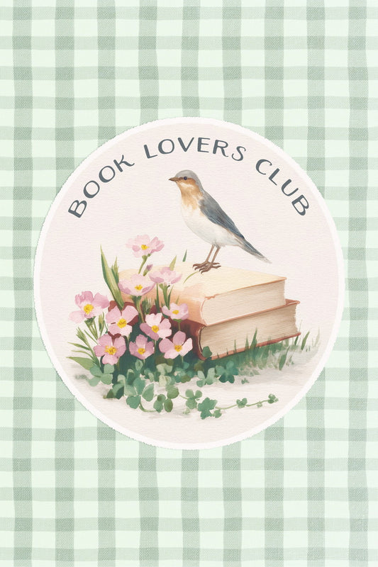 Book Lovers Club Bookish Poster Botanical Wall Art Bookish Decor Green Gingham Floral Wall Art Vintage Library Decor - xonomax